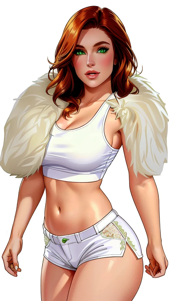 Lacy Lemon, pretty woman, ginger hair, midriff, white cloth hotapants,tank top, fur stole short shorts, fur wrap over shoulders
green eyes,
white background, blank background,