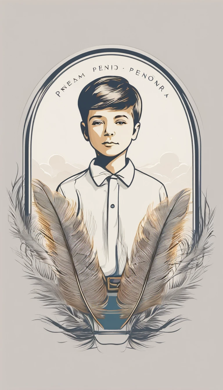 Create a minimal, modern, simple, inspirational, memorable, dream like logo design of a boy and a feather for the brand “Penamemoria".