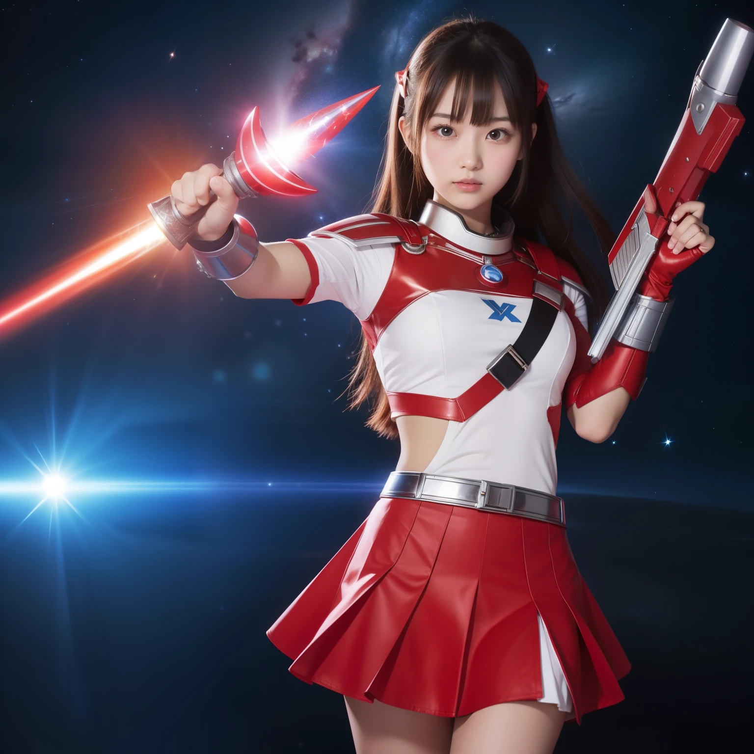 18 year old japanese girl、Ultraman、Red costume、red and silver、Holding a shining sword in his right hand、Bazooka in left hand、Amazing aura、Bust Emphasis、Wearing a mini skirt、Look forward、universe space、Girlfriend feeling、idol