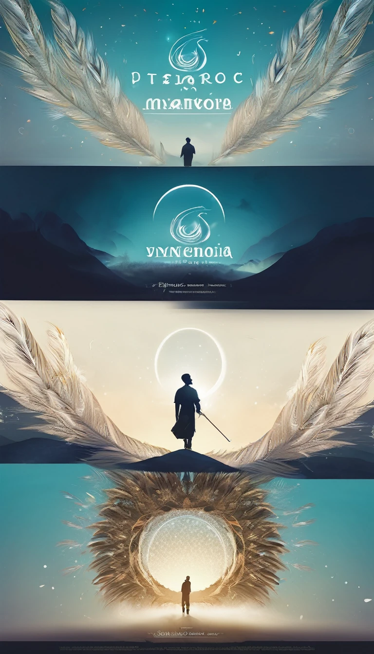 Create a professional, fantastic, cinematic dream-like Youtube Banner for a brand about music, stories, fantasy and dreams called " Penamemoria". Masterpiece, 4k, sharp focus, highest quality,wide shot. The title is " Penamemoria". Is a brand about the creative, unique journey of a boy into becoming a musician storyteller. In his journey he finds inspiration in a world of birds and feathers. Minimalistic, simple, poetic, dreamy logotype at the center of the image. The Background image is a world full of fantastic feathers, unique birds, light blue sky, soft white and light golden. Logo design of a face of a boy and a face of a feather