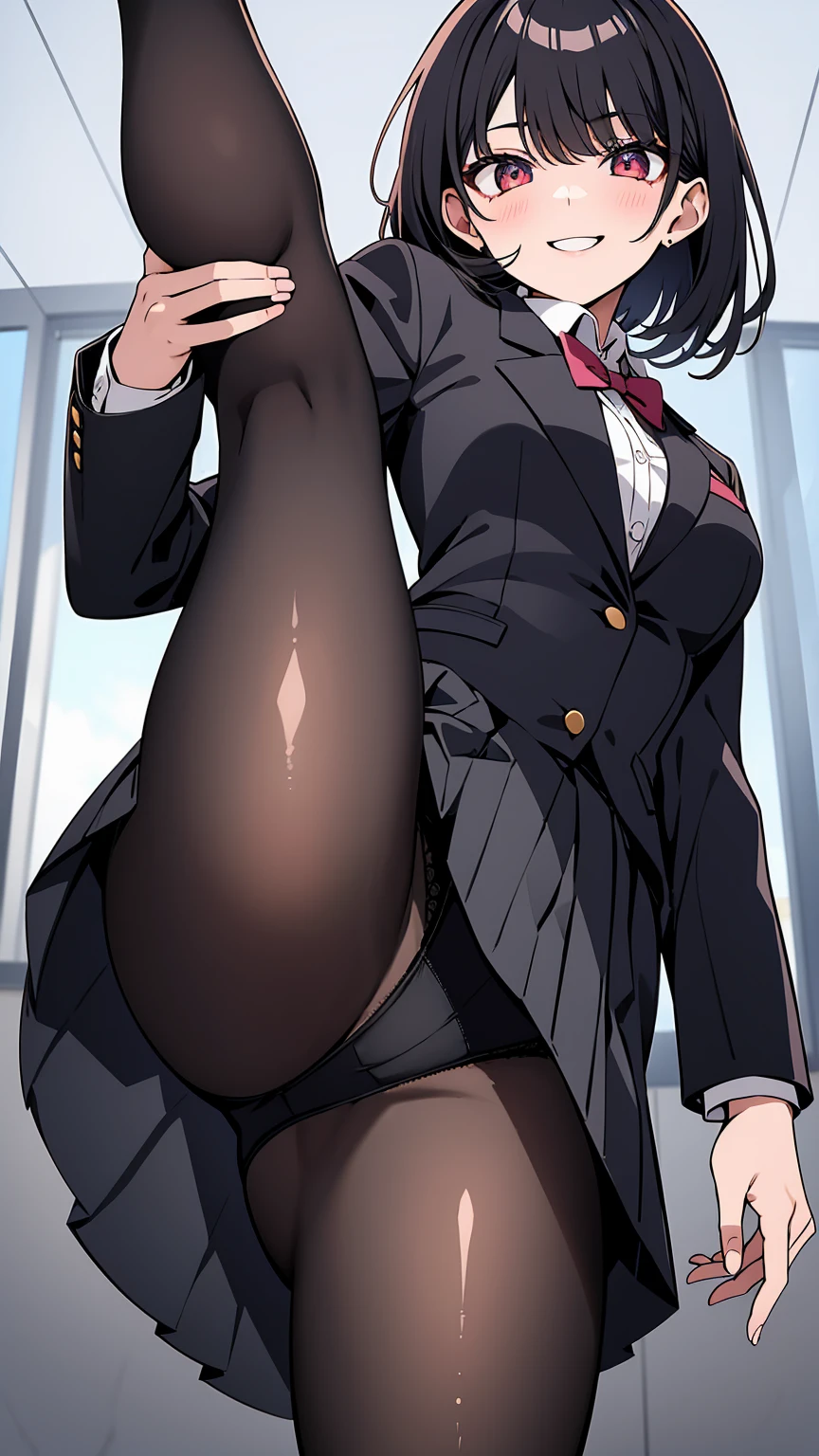 One Girl, Five Fingers, mini skirt, Looking down at the viewer, Black Hairロングヘアー, Highest quality, Focus on the thighs, Dynamic pose, smile, blazer, blouse, Black Pantyhose, panties under pantyhose, Standing Split, classroom, Black Hair, Stylish pose,My thighs and groin are steamy 