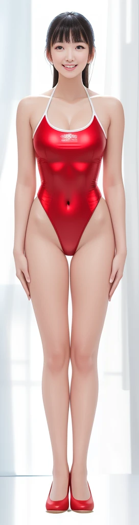 On a white background，A tall and beautiful Chinese girl，with fair skin，Toothy smile，A big smile，When you laugh, Your eyes are crescent-shaped，blunt bangs, long straight hair，Wear a one-piece swimsuit and pumps，Swimsuits are decorated with joyful patterns, Stand up straight，Stand upright，hands on sides，Symmetrical distribution，Ray tracing，All shaded areas，No windows, Soft lighting, Warm light, flood light, n, Studio light, 1.4x Realistic Ultra HD
