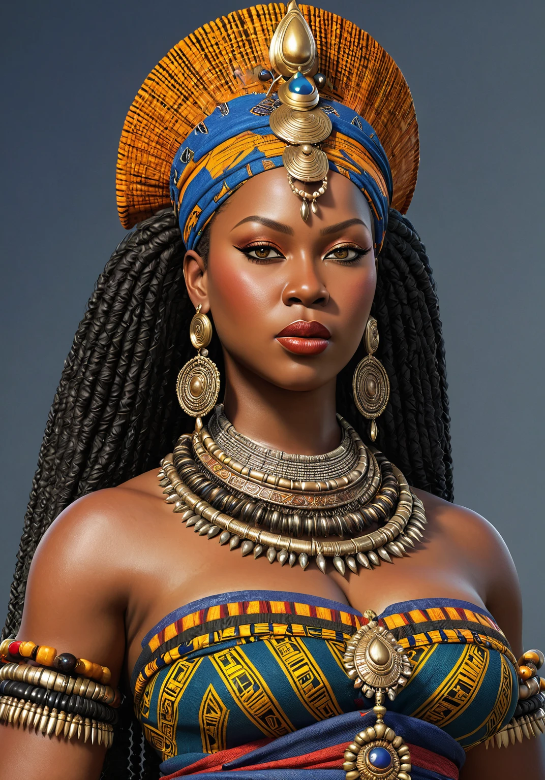 a highly detailed, realistic representation of Queen Nzinga, thick figure, attractive, gorgeous, beautiful, queen, African warrior attire, adorned with tribal jewelry and a striking expression.
