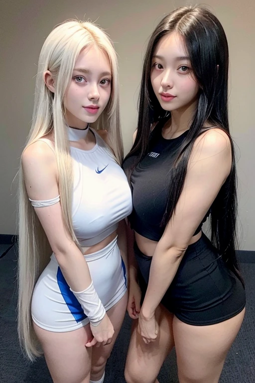 Twin 25 year old girls ((1st with long straight white loose hair)), ((2°, long loose straight black hair)), tennis uniform, big breasts, Wide hips, sexy thin waist, big blue eyes 