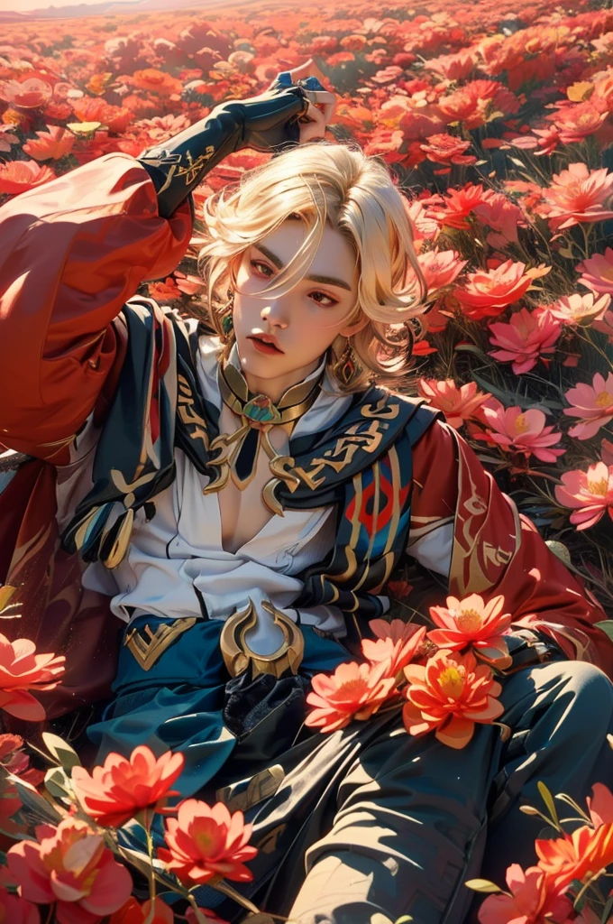 1 adult male solo, blond hair, red eyes, kaveh genshin impact, white top, red and black embroidered details, golden accessories, dark pants, fingerless gloves, feather hair ornament, shiny eyes (​masterpiece),((top-quality)),(offcial art),(Beautiful and indulgent:1.2),(1manin:1.3),Detailed drawing。Vibrant colors。colourfull、highestdetailed ((ultra-detailliert)),(Highly detailed 2D illustrations),((Extremely delicate and beautiful))Super Detail,atmosphric perspective，dust particle, iridescent, glowing, surrounded by dark red lily flowers, (((on a flower field at sunrise, pink sunrise light many flowers around, soft clouds in the sky, dreamy soft light)))