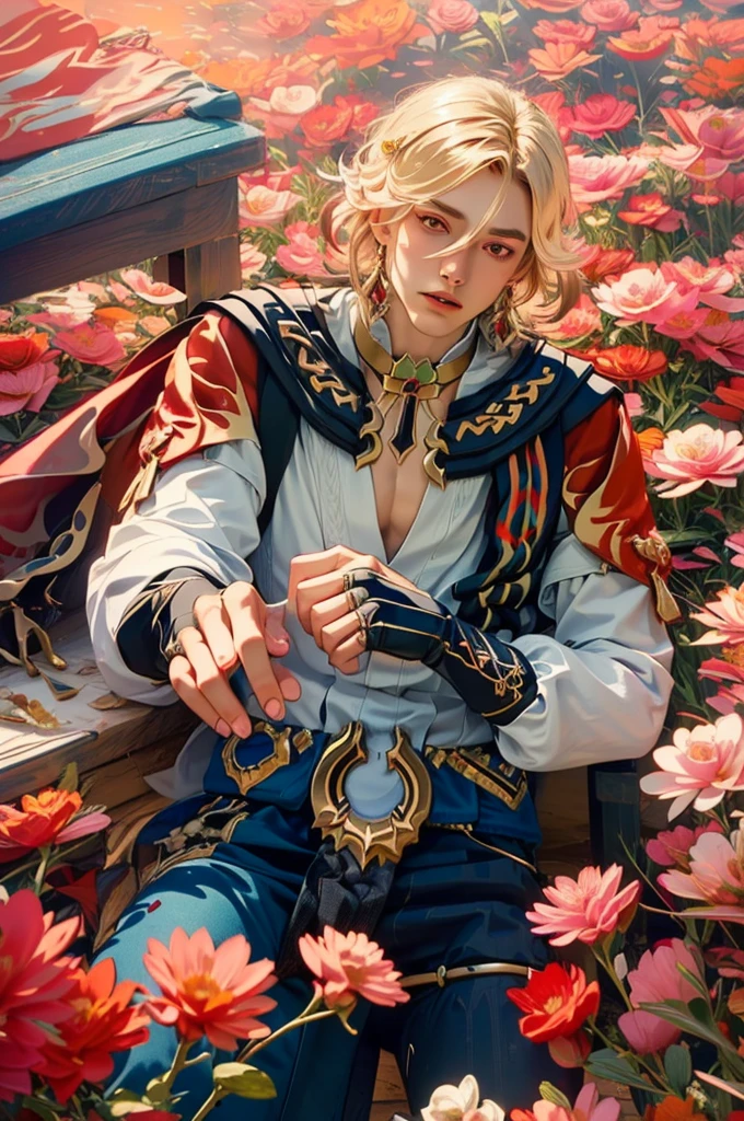 1 adult male solo, blond hair, red eyes, kaveh genshin impact, white top, red and black embroidered details, golden accessories, dark pants, fingerless gloves, feather hair ornament, shiny eyes (masterpiece),((top-quality)),(offcial art),(Beautiful and indulgent:1.2),(1manin:1.3),Detailed drawing。Vibrant colors。colourfull、highestdetailed ((ultra-detailliert)),(Highly detailed 2D illustrations),((Extremely delicate and beautiful))Super Detail,atmosphric perspective,dust particle, iridescent, glowing, surrounded by dark red lily flowers, (((on a flower field at sunrise, pink sunrise light many flowers around, soft clouds in the sky, dreamy soft light)))