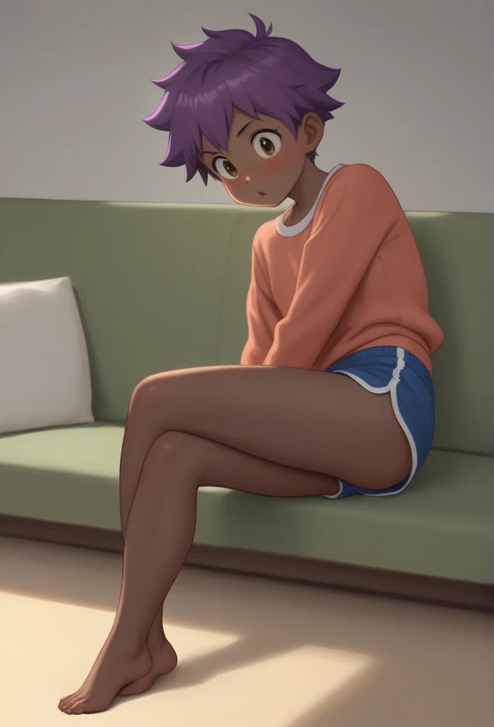cute, childish, athletic, black skin, young girl, purple hair, short spiky hairstyle, brown eyes, small ass, underware, barefoot, blush cheecks, surprised face, sitting on a couch, in the living room, ecchi anime, style Murata Range, masterpiece, cinematic, dramatic, dynamic view, full body,