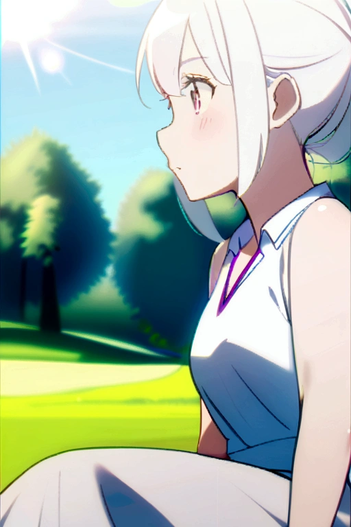 A girl sitting on a golf course