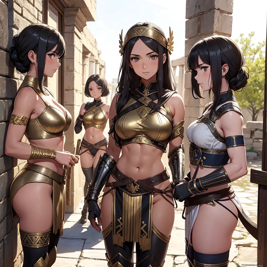 a beautiful Greek warriors girls standing guard at a door, Greek warrior, girls ,tanned skin, tail cover , muscular woman, marked abdomen, ,brown skin, ancient Greece, classical Greece, black armor ,slim body, defined abdomen , warrior woman, l ight armor, black hair,