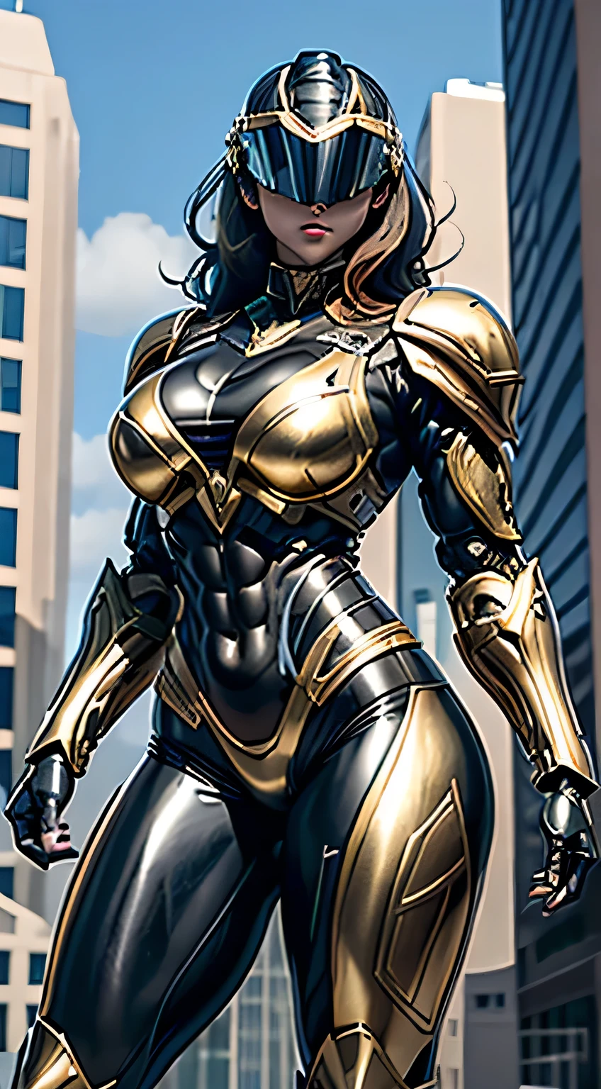 Female Robocop Solo、Bright outdoors、strong light source、8K, high quality, masterpiece, 最high quality, Crisp contrast、Very detailed、Full body armor、Very large armor、Helmet covering the head、Clear photos、His eyes are hidden by thin straight goggles:1.3、The lower half of the face is raw々Shii:1.5、The lower half of the face is exposed、Seductive lips、Black metallic armor、Gold accents、Armor that completely covers the chest、Long, slender legs、Vibrant Posselo Body View,Big and ample breasts:1.5, (Sports Body:1.5)、Five Fingers、Hold a handgun、In the city