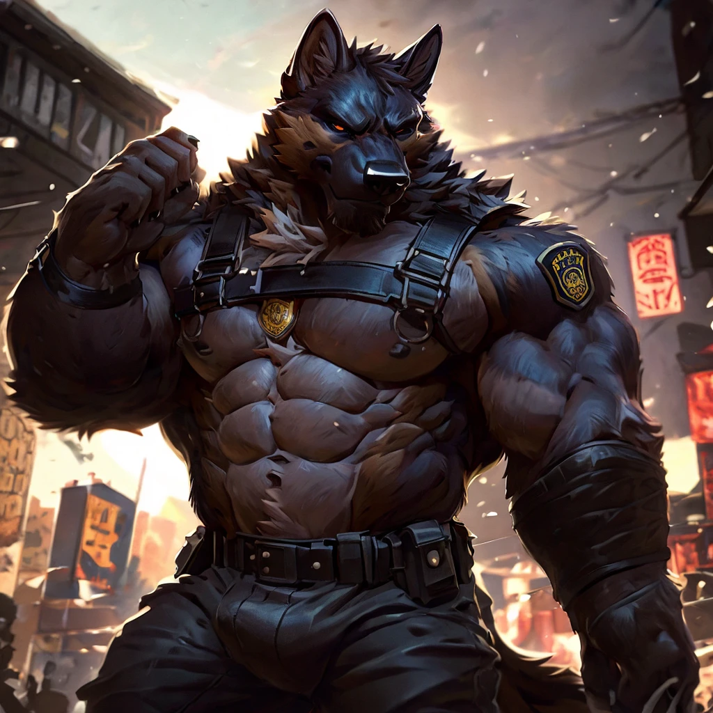 muscular male anthropomorphic german shepherd, black leather harness, police badge, daddy, black leather pants, black fur on body, tan fur on body, light light brown fur on body, extremely detailed, photo-realistic, cinematic lighting, dramatic shadows, powerful presence, rugged and intimidating, striking pose, intense gaze, chiseled features, rippling muscles, sleek and imposing, urban setting, gritty and industrial, moody color palette, dark and intense