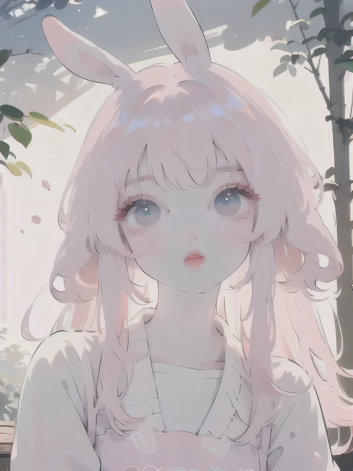 (high quality) (best quality) (a woman) (correct physiognomy) (perfect students) (perfect eyes) anime woman, deep pink long and fluffy hair pink, two rabbit ears coming out of her head, blue eyes, lips sensitive, feminine appearance, soft facial features, thin eyebrows, soft skin, rosy cheeks, pink lips, silky eyelashes, dreamy expression, middle age, youthful clothing, print sweatshirt, photo illuminated by sunlight, Woman sitting on forest.