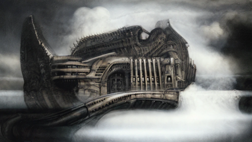 The image is a detailed view of H.R. Giger's biomechanical tableau \" Landscape XVI \" plate, featuring.
(airbrush painting, Giger's alien in front of broken alien ship in landscape, natural light, sharp focus, illustration, highly detailed, digital painting, concept art, matte, art by gric and kozhanov and moebius and Alphonse Mucha, masterpiece, HDR ,UHD , uplight, in HRGigerArhP style);1.
surrealistic painting of a monster with multiple tentacles and a body that looks like a brain, surrounded by a chaotic scene of swirling clouds and other monsters
It's a complex network of bones and organs in eldritch color scheme:a greenish-brown hue ,swirling gery and brown colors. The artwork is silverish and green brown, with an ivory bones prominently displayed. The image is highly detailed and intricate, almost like a 3d version of a medical sketchwork.
The piece is a tableau, most likely created with a India ink pen or pencil on paper, determined by the thin lines, shading techniques, and the texture of the paper, which is visible around the edges.
Used is pen, given the shading and variations in line weight visible in the image. Artist have used a variety of stylus with different degrees of hardness to achieve the shading effects.
The use of undersaturated green-grays dark contrasts creates a stark and graphic look. Is used a variety of linework techniques to create different textures. Fine, parallel lines create a smooth, metallic texture,while thicker, more cursive lines suggest cables or wires.
Light source from the top highlights skeletals, pper part of foreground, lower part of image is in shadowupper part of foreground, lower part of image is in shadow.
The art performance showcases the artist’s skills in observation and rendering. The level of detail in the piece suggests a close study of real bone specimens and mechanics. The artist has skillfully used shading techniques to create a convincing illusion of three-dimensionality on a flat surface. The wrinkles