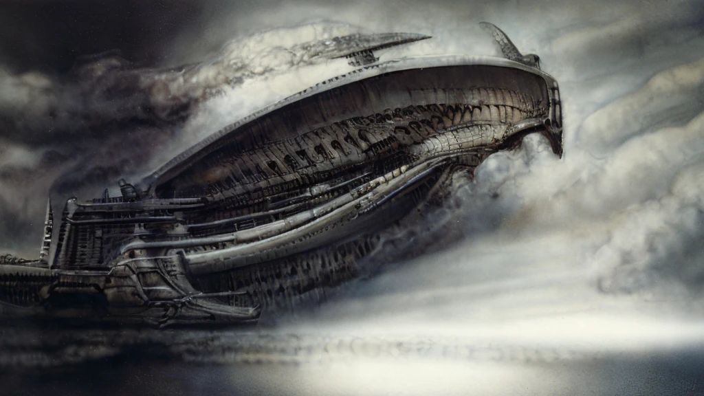 The image is a detailed view of H.R. Giger's biomechanical tableau \" Landscape XVI \" plate, featuring.
(airbrush painting, Giger's alien in front of broken alien ship in landscape, natural light, sharp focus, illustration, highly detailed, digital painting, concept art, matte, art by gric and kozhanov and moebius and Alphonse Mucha, masterpiece, HDR ,UHD , uplight, in HRGigerArhP style);1.
surrealistic painting of a monster with multiple tentacles and a body that looks like a brain, surrounded by a chaotic scene of swirling clouds and other monsters
It's a complex network of bones and organs in eldritch color scheme:a greenish-brown hue ,swirling gery and brown colors. The artwork is silverish and green brown, with an ivory bones prominently displayed. The image is highly detailed and intricate, almost like a 3d version of a medical sketchwork.
The piece is a tableau, most likely created with a India ink pen or pencil on paper, determined by the thin lines, shading techniques, and the texture of the paper, which is visible around the edges.
Used is pen, given the shading and variations in line weight visible in the image. Artist have used a variety of stylus with different degrees of hardness to achieve the shading effects.
The use of undersaturated green-grays dark contrasts creates a stark and graphic look. Is used a variety of linework techniques to create different textures. Fine, parallel lines create a smooth, metallic texture,while thicker, more cursive lines suggest cables or wires.
Light source from the top highlights skeletals, pper part of foreground, lower part of image is in shadowupper part of foreground, lower part of image is in shadow.
The art performance showcases the artist’s skills in observation and rendering. The level of detail in the piece suggests a close study of real bone specimens and mechanics. The artist has skillfully used shading techniques to create a convincing illusion of three-dimensionality on a flat surface. The wrinkles