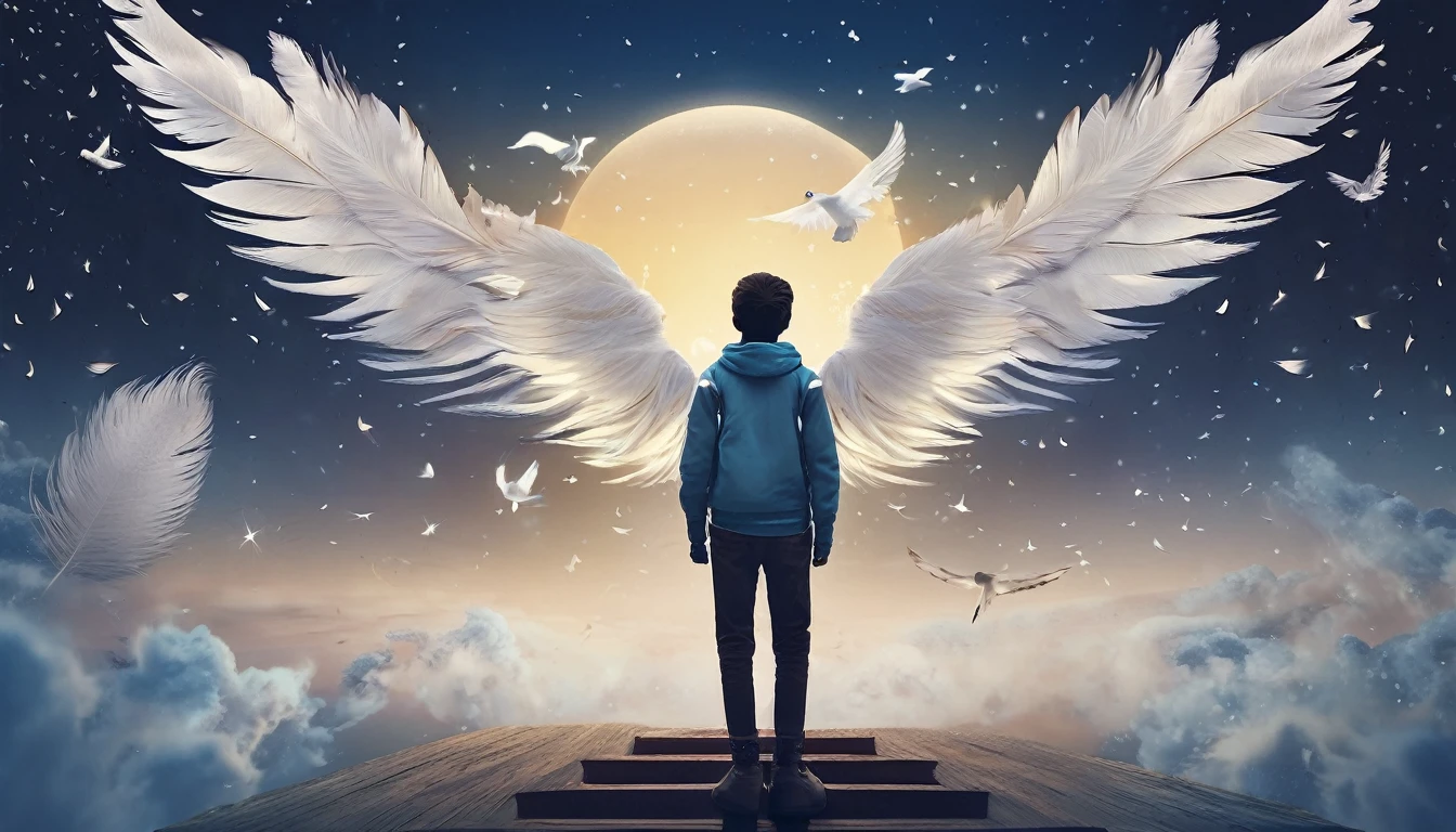 Create a professional, fantastic, cinematic dream-like Youtube Banner for a brand about music, stories, fantasy and dreams called " Penamemoria". Masterpiece, 4k, sharp focus, highest quality,wide shot. The title is " Penamemoria". Is a brand about the creative, unique journey of a boy into becoming a musician storyteller. In his journey he finds inspiration in a world of birds and feathers. Minimalistic, simple, poetic, dreamy logotype at the center of the image. The Background image is a world full of fantastic feathers, unique birds, light blue sky, soft white and light golden. Logo design of a face of a boy and a face of a feather