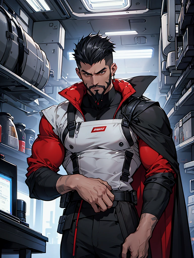 8K. アニメ, adult gifted new Supreme Marshal serious muscular slim strong wielding a long sniper with red technological details. short black hair on top slicked back short high fade shaved on the side. Dressed in a long black suit with equipment vests at the waist and a flowing black cape. Beautiful black earring. beautiful boss, male with elegant goatee style beard. He has a big backpack on his shoulder. fund: He is leaning on a table. Interior of a Spaceship. A black polished room with various broken parts and equipment.