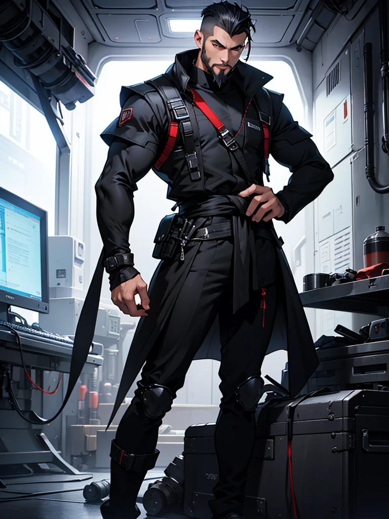 8K. アニメ, adult gifted new Supreme Marshal serious muscular slim strong wielding a long sniper with red technological details. short black hair on top slicked back short high fade shaved on the side. Dressed in a long black suit with equipment vests at the waist and a flowing black cape. Beautiful black earring. beautiful boss, male with elegant goatee style beard. He has a big backpack on his shoulder. fund: He is leaning on a table. Interior of a Spaceship. A black polished room with various broken parts and equipment. 