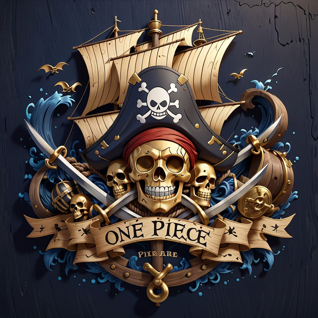 Design a bold and fierce title artwork for "One Piece" using a unique and rarely used typeface called "Pirate Gothic". The letters should be thick and rugged, resembling old pirate ship timbers, with sharp edges to convey a sense of danger and adventure. Each character in the word "One Piece" could incorporate thematic elements such as tiny, engraved skull motifs, crossed swords, or ropes intertwined through the letters, enhancing the pirate aesthetic. The color scheme should be a deep navy blue with gold trim to evoke the feel of high seas and hidden treasures. This title design should be set against a solid black background to make the artwork suitable for various applications by allowing for easy background removal. Ensure that the detailing in the typeface captures the raw, adventurous spirit of the series with a touch of realism in the textures of wood and metal, making it appear as if it could belong on the side of a pirate ship or a treasure map.