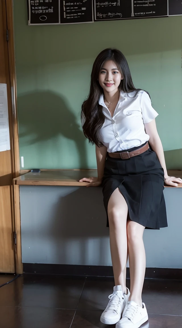 Full body portrait of Woman 18s in dark classroom, wearing thai university uniform, white shirt, black skirt, brown belt, white sneakers, flame on her hand, low key. High contrast, high detail