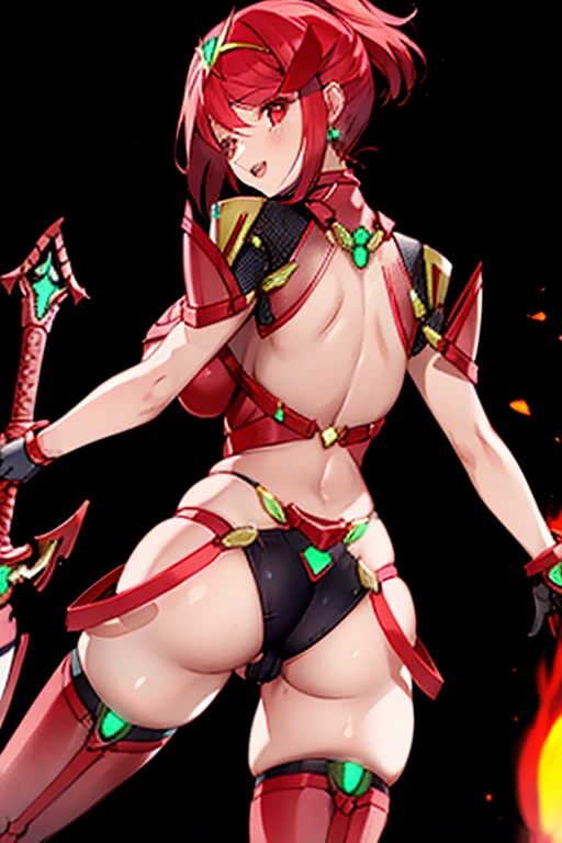 pyra \(xenoblade\), _1girl, , armor, bangs, black gloves, breasts, red eyes, light_open_mouth, earrings, eyelashes, fingerless gloves, floating hair, framed breasts, gem, gloves, hair ornament, headpiece, jewelry, big_breasts, leaning back, swimsuit, neon trim, official art, pose, red hair, saitou masatsugu, short hair, sidelocks, skin tight, solo, swept bangs, thighhighs, tiara, fantasy_town_background, underbust, vambraces, xenoblade chronicles \(series\), (xenoblade chronicles 2), (spread_legs:1.1), fire_effect,dynamic_pose,fighting,light_smile, (plump:1.4), big_ass,huge_sword, hold_large_sword_hilt, covered_nipples, (covered_pussy:1.2),cameltoe,back_view, fists,ponytail,plump,beautiful_fingers,(solo:1.1)