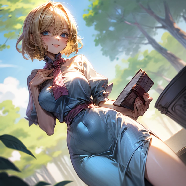 blonde,big breasts,Big hips,smile,Sun,short hair,blue eyes,blue dress,a book,Alice Margatroid