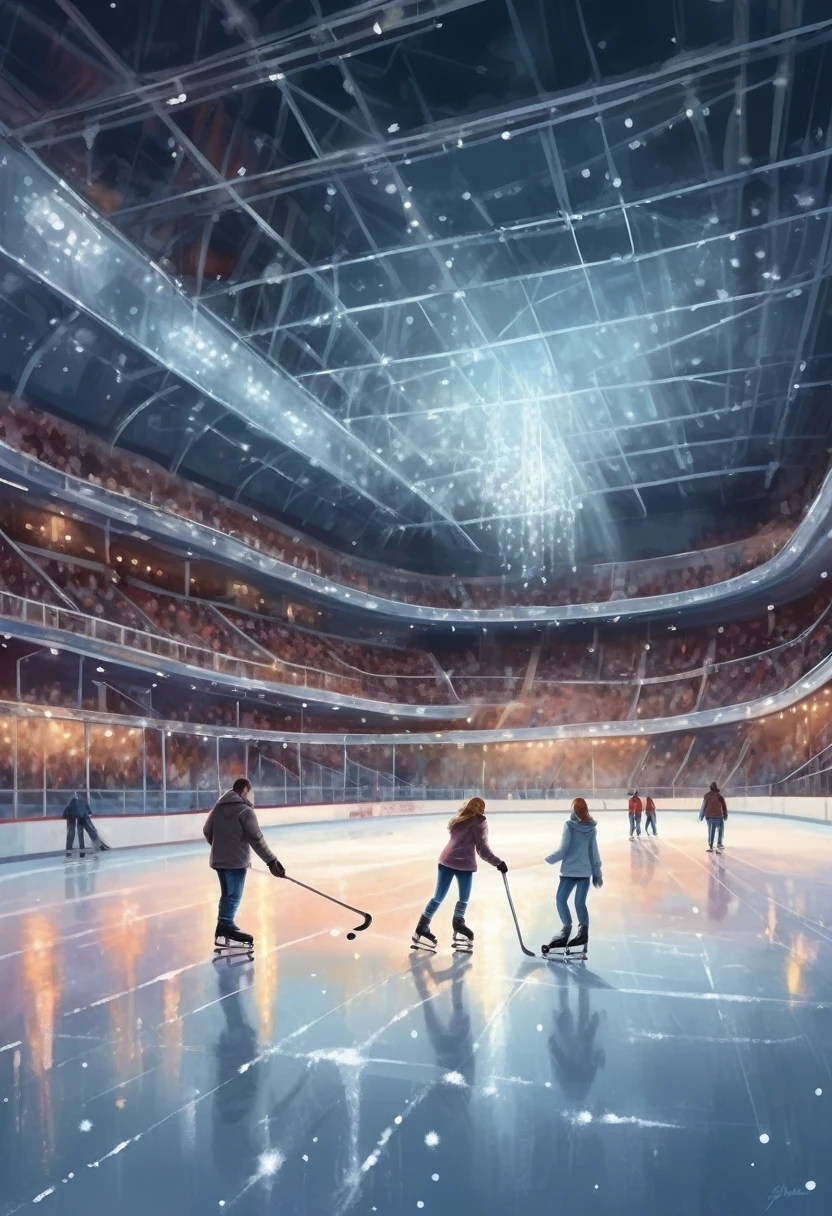 Imagine a romantic date between at an indoor ice stadium late in the evening. The ice sparkles under the soft lights of the spotlights, creating a magical atmosphere. There is no one in the stands, only the quiet rustling of skates on the surface of the ice breaks the surrounding silence. Illustration. Drawing. Painting. Art.