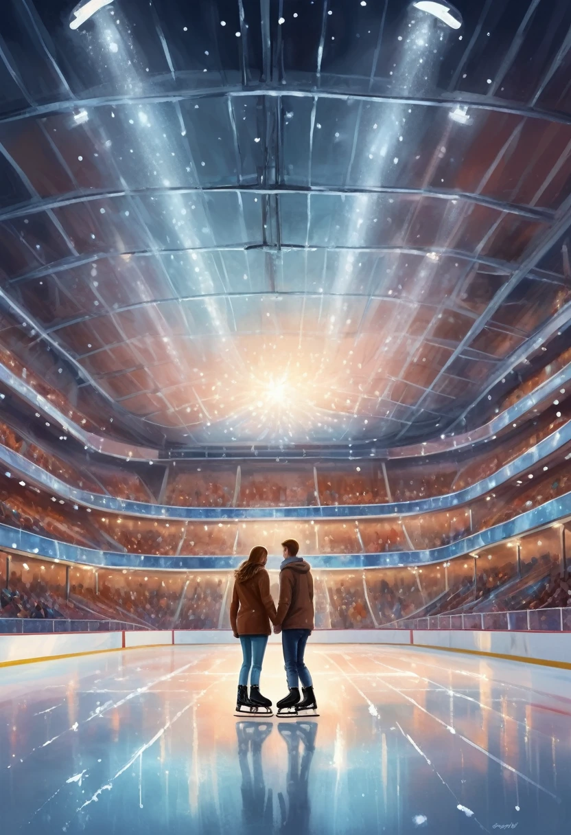 Imagine a romantic date between at an indoor ice stadium late in the evening. The ice sparkles under the soft lights of the spotlights, creating a magical atmosphere. There is no one in the stands, only the quiet rustling of skates on the surface of the ice breaks the surrounding silence. Illustration. Drawing. Painting. Art.
