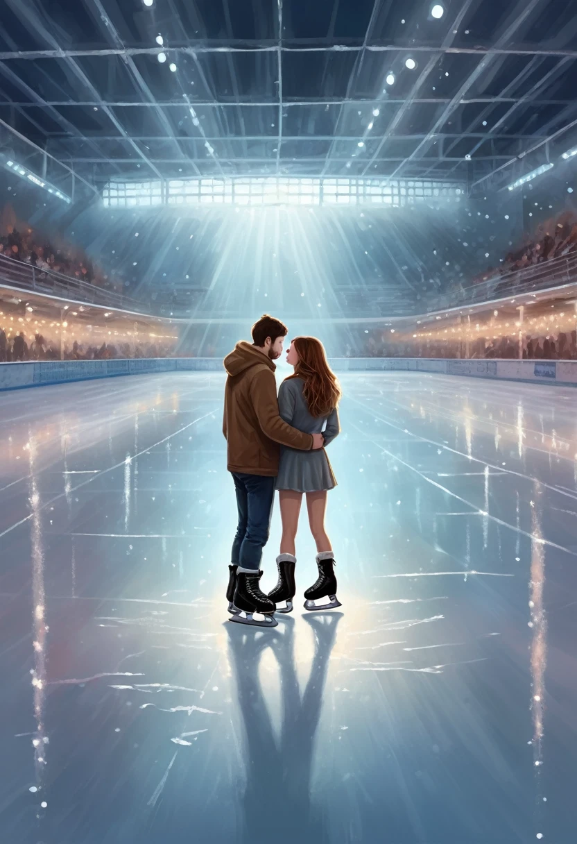 Imagine a romantic date between at an indoor ice stadium late in the evening. The ice sparkles under the soft lights of the spotlights, creating a magical atmosphere. There is no one in the stands, only the quiet rustling of skates on the surface of the ice breaks the surrounding silence. Illustration. Drawing. Painting. Art.