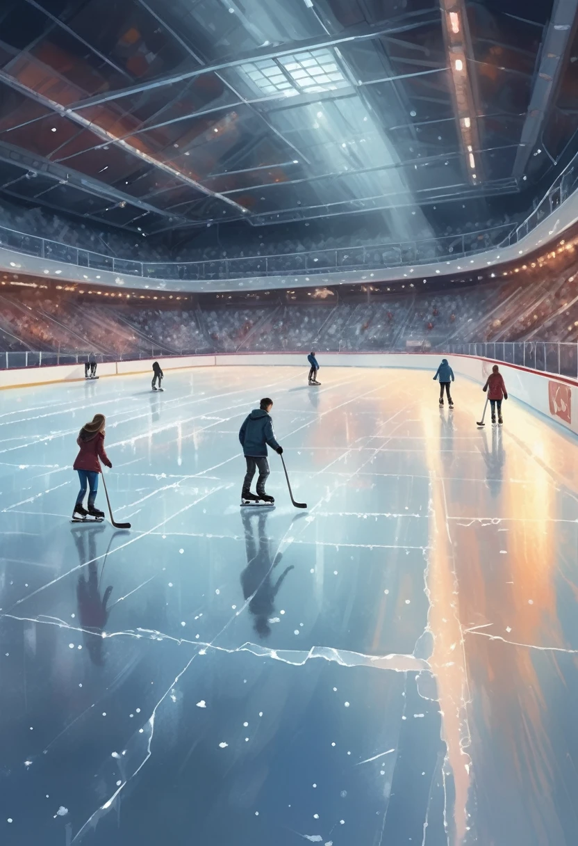 Imagine a romantic date between at an indoor ice stadium late in the evening. The ice sparkles under the soft lights of the spotlights, creating a magical atmosphere. There is no one in the stands, only the quiet rustling of skates on the surface of the ice breaks the surrounding silence. Illustration. Drawing. Painting. Art.