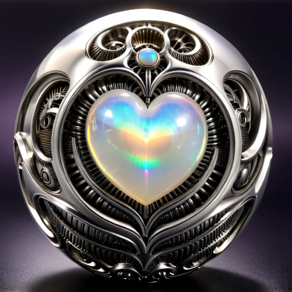 a white and opal mechanical orb, giger style, silvercarvingcd_xl , rainbow heart aura,