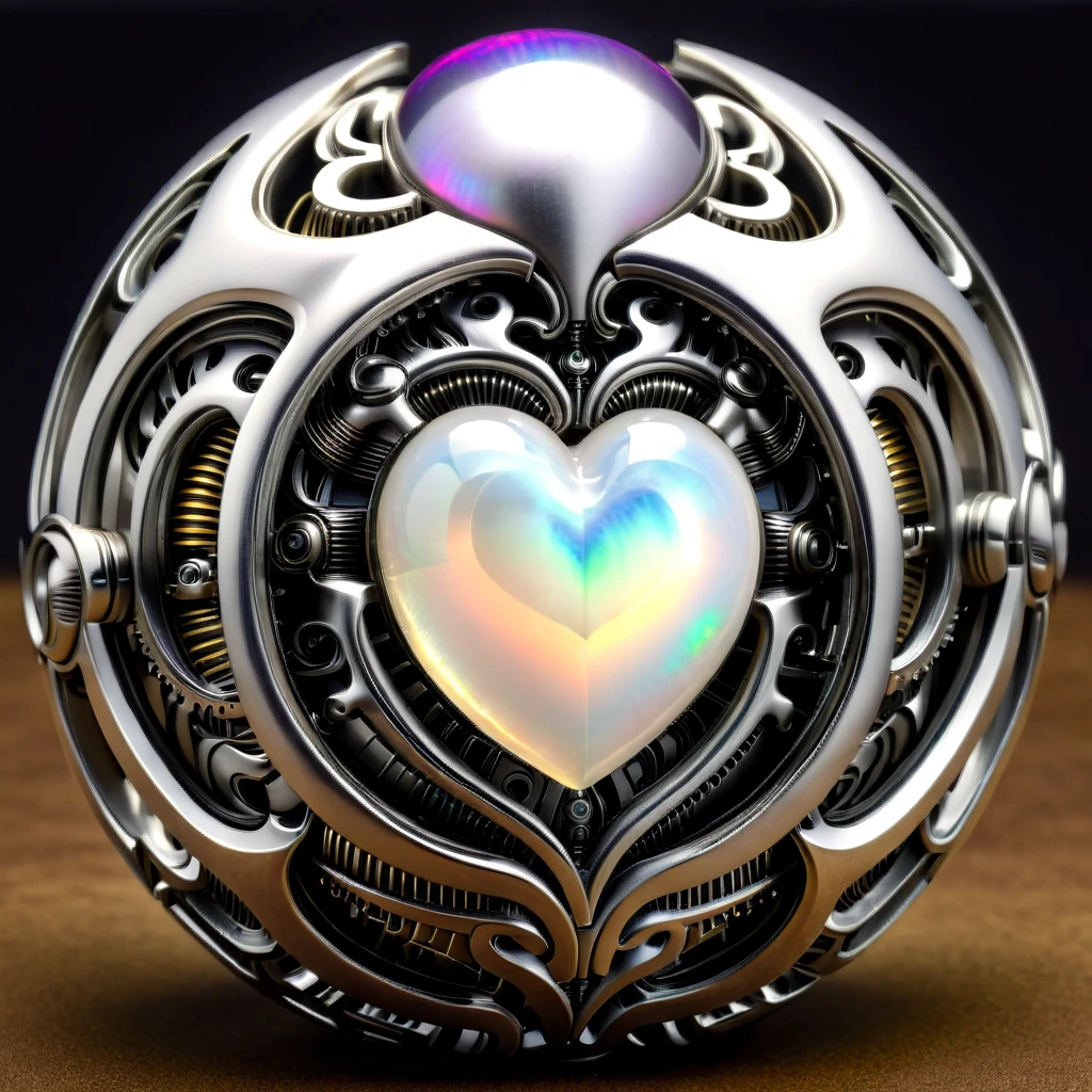 a white and opal mechanical orb, giger style, silvercarvingcd_xl , rainbow heart aura,