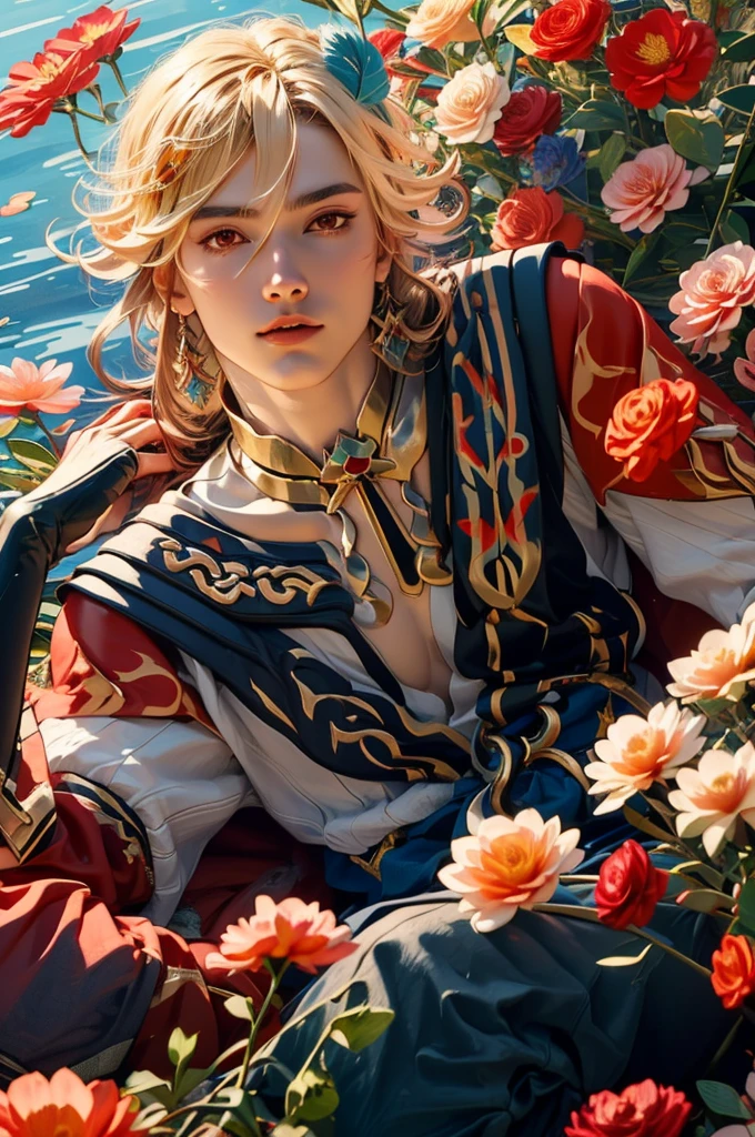 1 adult male solo, blond hair, red eyes, kaveh genshin impact, white top, red and black embroidered details, golden accessories, dark pants, fingerless gloves, feather hair ornament, shiny eyes (masterpiece),((top-quality)),(offcial art),(Beautiful and indulgent:1.2),(1manin:1.3),Detailed drawing。Vibrant colors。colourfull、highestdetailed ((ultra-detailliert)),(Highly detailed 2D illustrations),((Extremely delicate and beautiful))Super Detail,atmosphric perspective,dust particle, iridescent light, water drops on flowers and plants, soft glowing light, surrounded by dark red lily flowers, (((portrait face closeup, soft calm smile, flower crown, flowers in his hair, flowers on his head)))