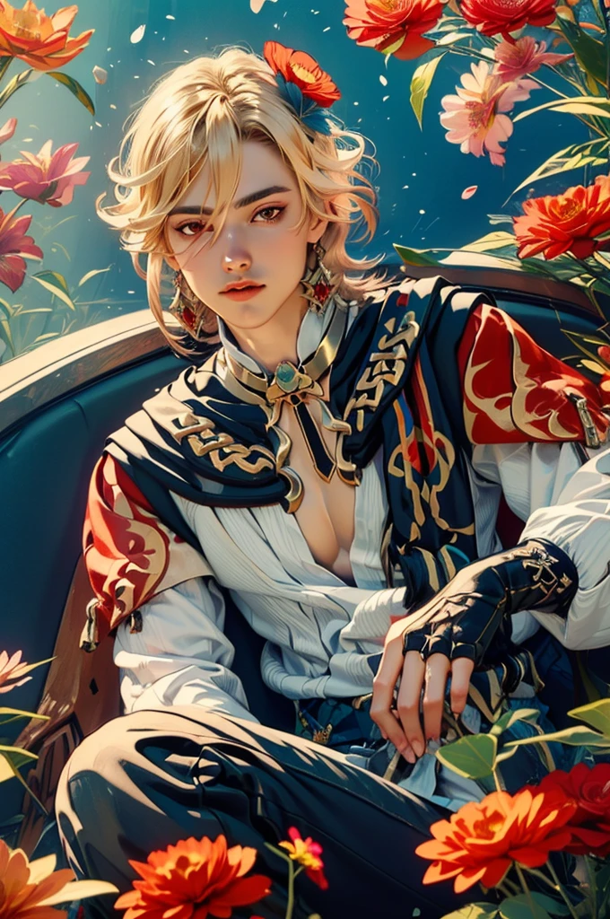 1 adult male solo, blond hair, red eyes, kaveh genshin impact, white top, red and black embroidered details, golden accessories, dark pants, fingerless gloves, feather hair ornament, shiny eyes (masterpiece),((top-quality)),(offcial art),(Beautiful and indulgent:1.2),(1manin:1.3),Detailed drawing。Vibrant colors。colourfull、highestdetailed ((ultra-detailliert)),(Highly detailed 2D illustrations),((Extremely delicate and beautiful))Super Detail,atmosphric perspective,dust particle, iridescent light, water drops on flowers and plants, soft glowing light, surrounded by dark red lily flowers, (((portrait face closeup, soft calm smile, flower crown, flowers in his hair, flowers on his head)))