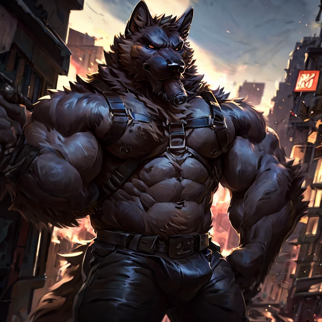 muscular male anthropomorphic german shepherd, black leather harness, police badge, daddy, black leather pants, black fur on body, tan fur on body, light light brown fur on body, cigar in mouth, extremely detailed, photo-realistic, cinematic lighting, dramatic shadows, powerful presence, rugged and intimidating, striking pose, intense gaze, chiseled features, rippling muscles, sleek and imposing, urban setting, gritty and industrial, moody color palette, dark and intense