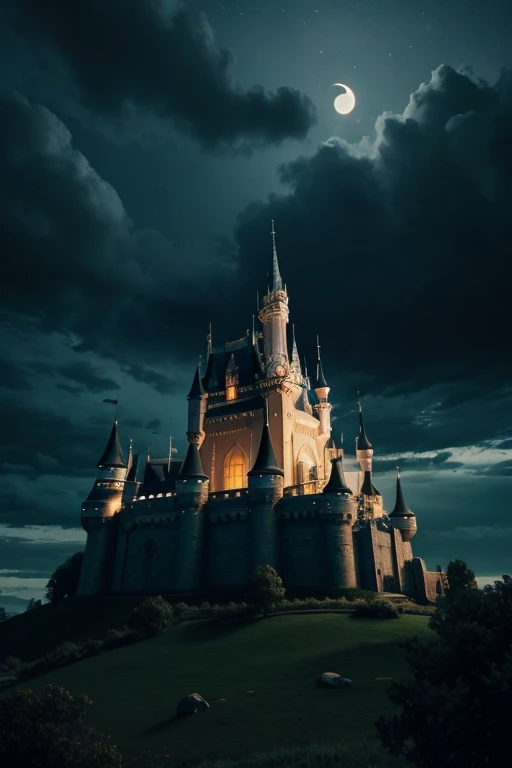Castle, night, moon, Mainly cloudy, Cinematic