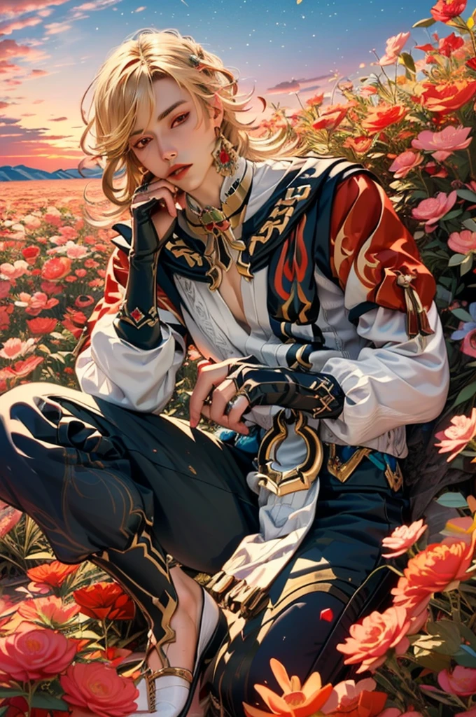 1 adult male solo, blond hair, red eyes, kaveh genshin impact, white top, red and black embroidered details, golden accessories, dark pants, fingerless gloves, feather hair ornament, shiny eyes (masterpiece),((top-quality)),(offcial art),(Beautiful and indulgent:1.2),(1manin:1.3),Detailed drawing。Vibrant colors。colourfull、highestdetailed ((ultra-detailliert)),(Highly detailed 2D illustrations),((Extremely delicate and beautiful))Super Detail,atmosphric perspective,dust particle, iridescent, glowing, surrounded by dark red lily flowers, (((on a flower field at sunrise, pink sunrise light many flowers around, soft clouds in the sky, dreamy soft light)))
