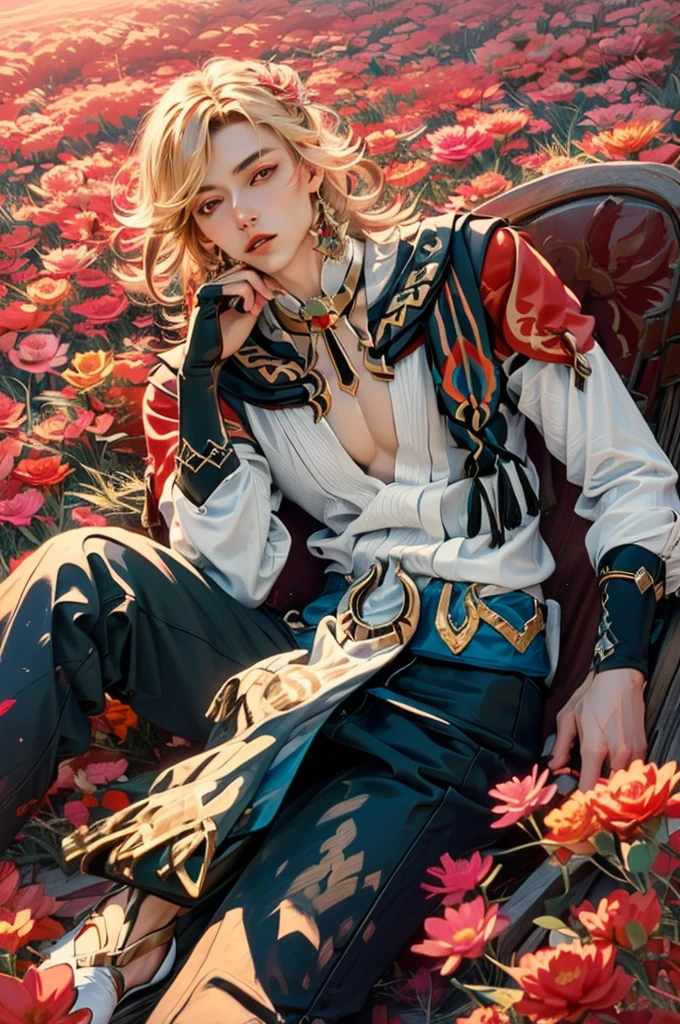 1 adult male solo, blond hair, red eyes, kaveh genshin impact, white top, red and black embroidered details, golden accessories, dark pants, fingerless gloves, feather hair ornament, shiny eyes (​masterpiece),((top-quality)),(offcial art),(Beautiful and indulgent:1.2),(1manin:1.3),Detailed drawing。Vibrant colors。colourfull、highestdetailed ((ultra-detailliert)),(Highly detailed 2D illustrations),((Extremely delicate and beautiful))Super Detail,atmosphric perspective，dust particle, iridescent, glowing, surrounded by dark red lily flowers, (((on a flower field at sunrise, pink sunrise light many flowers around, soft clouds in the sky, dreamy soft light)))