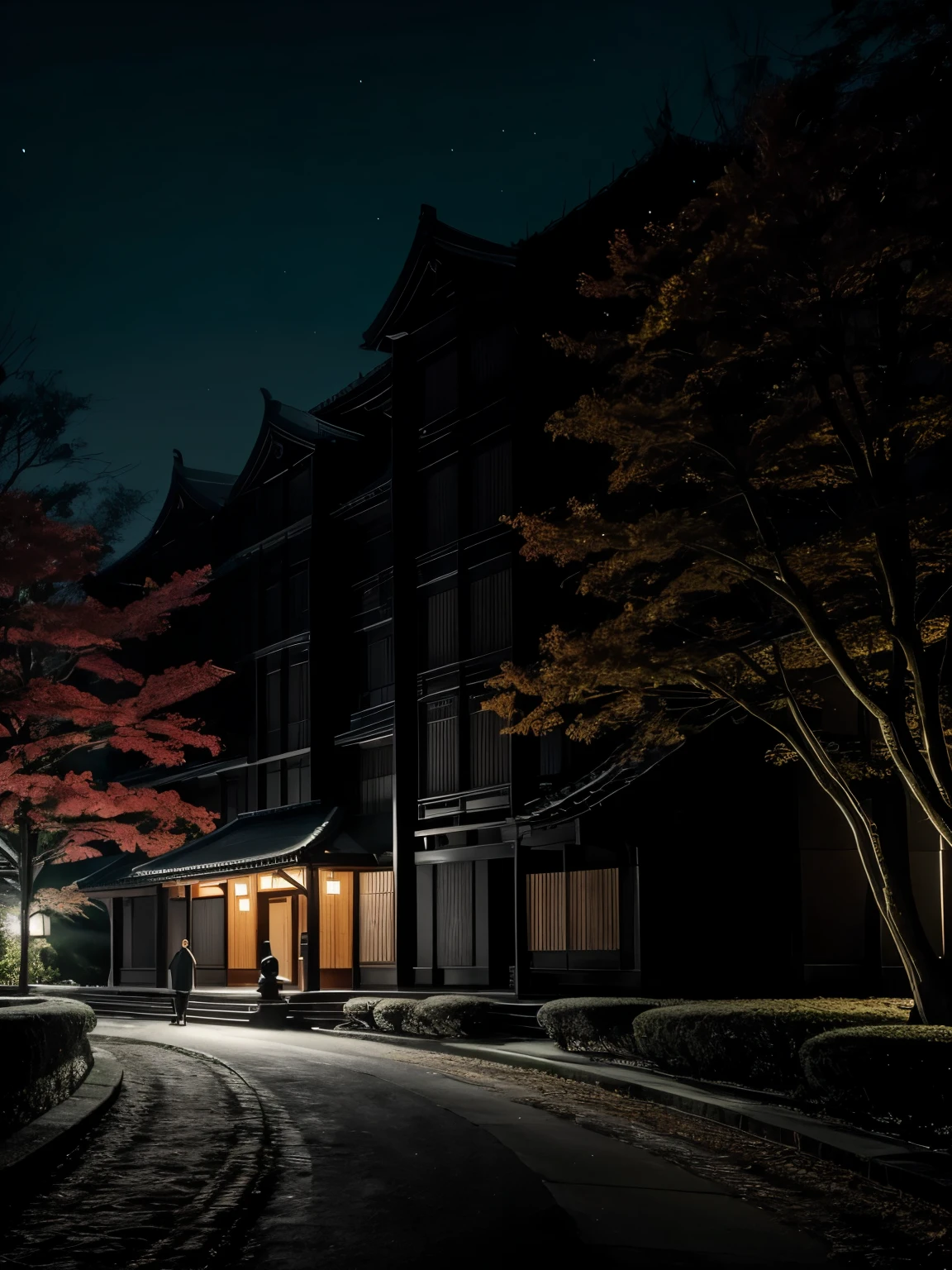 One big mansion near a japanese style ramen shop, the atmosphere is chilly, haunted, the hotel has lights on, trees around, five people (three female, two male) walking towards the hotel from a distance, it's only their silhouette showing. The image is in best quality, masterpiece, ultra-detailed, 4k, cinematic, poster,