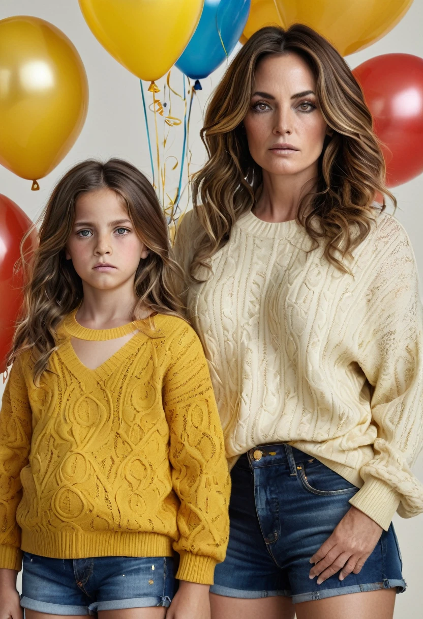 A real photograph of a 45-year-old woman, with sagging breasts, a curvy body and layered wavy brown hair falling in front, standing next to her 11-year-old daughter. Angry, the 45-year-old woman wears a luxurious black and gold Louis Vuitton sweater, navy blue mini shorts with tears, she looks beautiful, her daughter wears a mustard Gucci sweater. Her almond-shaped eyes shine, a children's party background, full of sex and depravity with colorful balloons. The two look at the photographer, hyperreal, better photography, photorealistic, lifting their shirt.