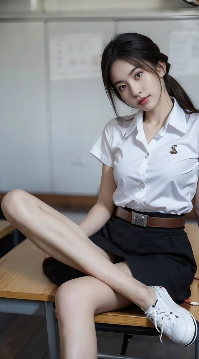 Woman 18s in dark classroom, wearing thai university uniform, white shirt, black skirt, brown belt, white sneakers, sitting with one leg crossed legs on the desk in the dark classroom, creating fire on her hand, low key. High contrast, high detail