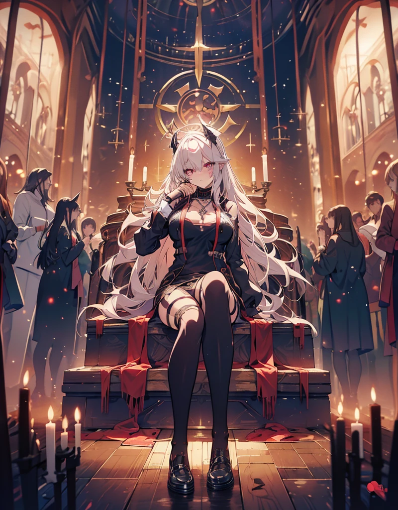 avenger,mid size breast,Eyes are perfect, eyes color is scarlet ,Garter, big sword,princess tiara,Cross Necklace,hair over one eye,Knee socks,Hair color is golden,Devilish,Church Background, high Quality,best quality, neko ears, corrupt church knight, natural pose,capitan harlock vibes, inside a space ship, scenery, cinematic, futuristic, demon lord