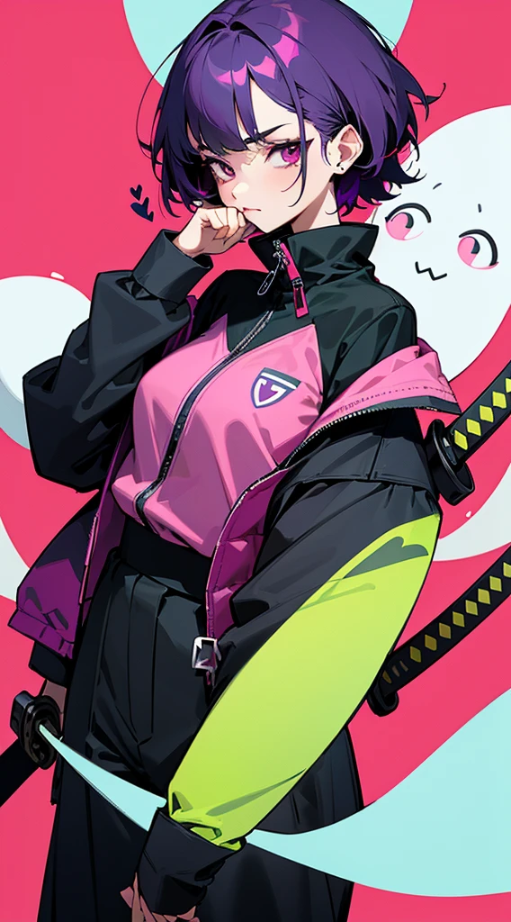 Top Quality, 8K, 4K, High Definition, Detail, (better-quality, 8K, 12), top-quality, 1 girl、only showing her face, she has purple hair, wearing a yellow pin on her right side of her hair, she has her hands together, she looking at you, she is smiling at you, medium breast, her jacket color dark gray with a pink zipper, pink eyes, showing her face and chesat, short hair long as her neck, (only showing half of her body) her jacket is loose. she is wearing earing only right ear shaped has a heart, (she holding katana) katana facing down, (katana is covering half of her face,) katana attach to her, katana on right side of her wrist, she mad, green ghost effect coming off, she has one white eye,