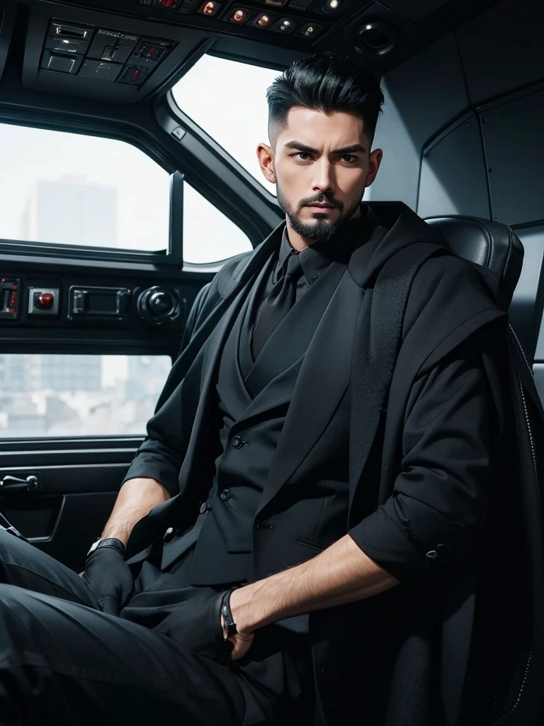 8K. アニメ, adult large crotch raised up. new Supreme Marshal serious muscular slim strong wielding a long sniper with red technological details. short black hair on top slicked back short high fade shaved on the side. Dressed in a long black suit with equipment vests at the waist and a flowing black cape. Beautiful black earring. beautiful boss, male with elegant goatee style beard. He has a big backpack on his shoulder. fund: He is leaning on a table. Interior of a Spaceship. A black polished room with various broken parts and equipment.