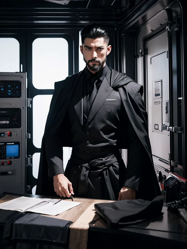 8K. アニメ, adult large crotch raised up. new Supreme Marshal serious muscular slim strong wielding a long sniper with red technological details. short black hair on top slicked back short high fade shaved on the side. Dressed in a long black suit with equipment vests at the waist and a flowing black cape. Beautiful black earring. beautiful boss, male with elegant goatee style beard. He has a big backpack on his shoulder. fund: He is leaning on a table. Interior of a Spaceship. A black polished room with various broken parts and equipment.