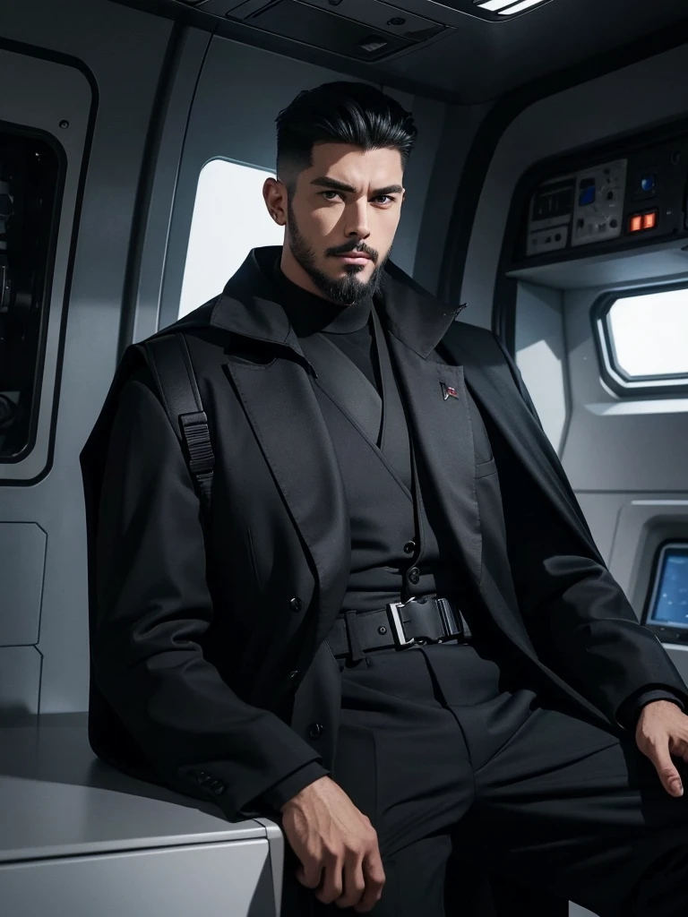 8K. アニメ, adult large crotch raised up. new Supreme Marshal serious muscular slim strong wielding a long sniper with red technological details. short black hair on top slicked back short high fade shaved on the side. Dressed in a long black suit with equipment vests at the waist and a flowing black cape. Beautiful black earring. beautiful boss, male with elegant goatee style beard. He has a big backpack on his shoulder. fund: He is leaning on a table. Interior of a Spaceship. A black polished room with various broken parts and equipment. 