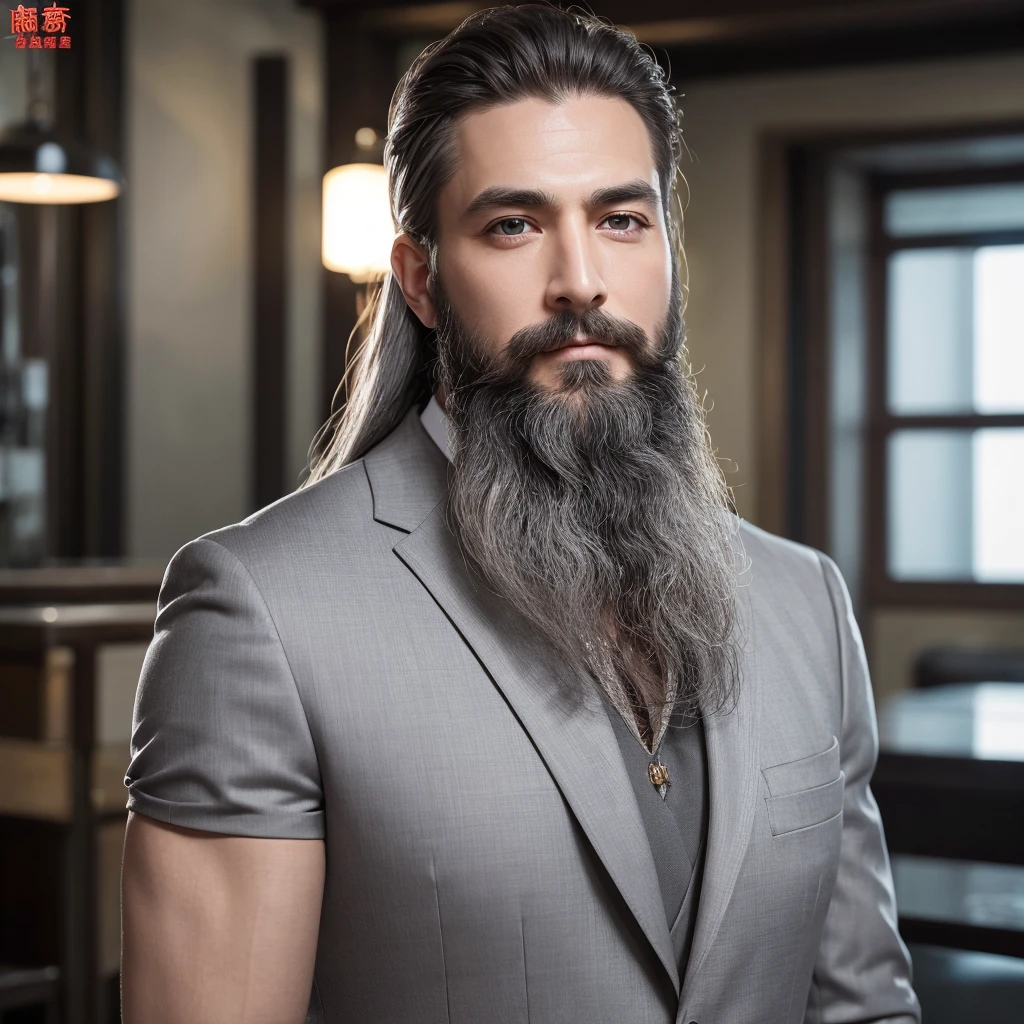 Highest quality, masterpiece, High resolution, One man、Clear eyes and nose、High nose、tall、Double、Big Eyes、Gray Hair、Long Hair、beard、dragon tattoo on arm、30th Generation、Muscular、company、suit、