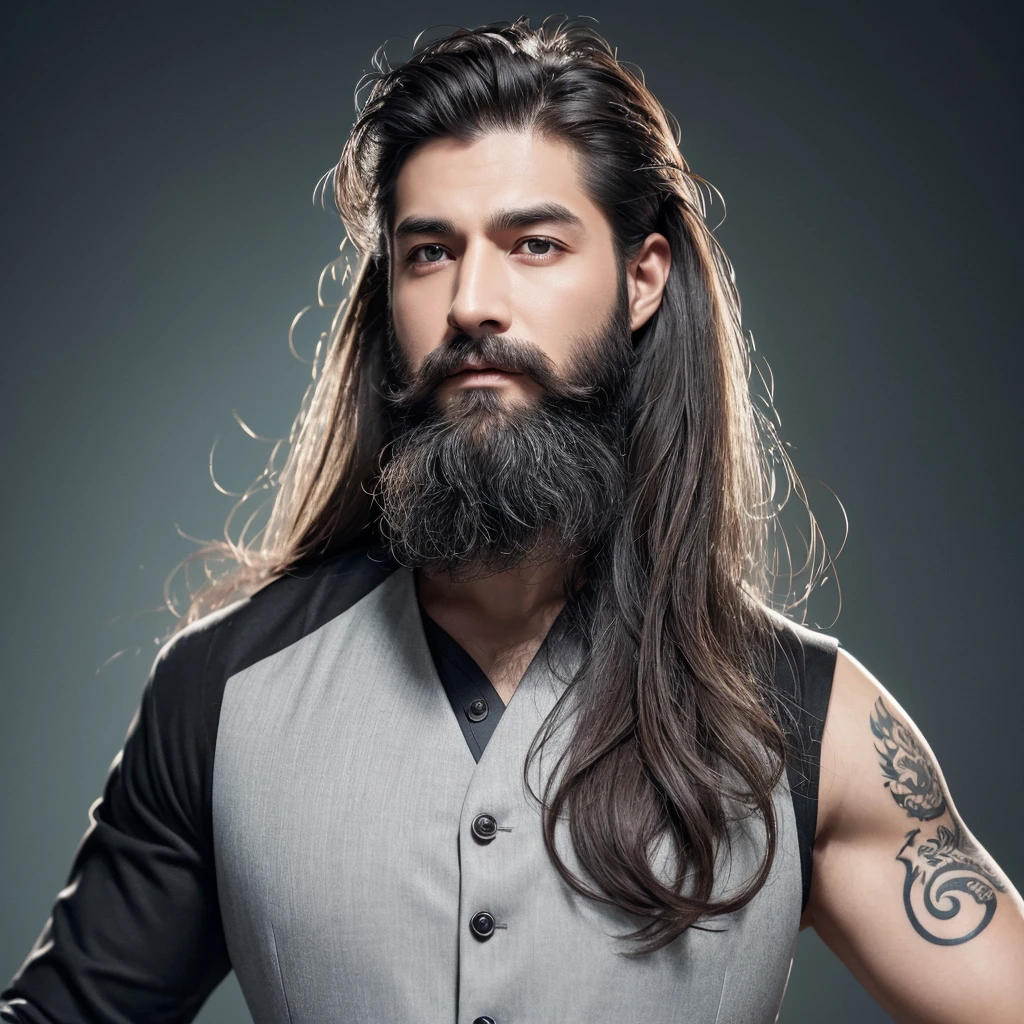 Highest quality, masterpiece, High resolution, One man、Clear eyes and nose、High nose、tall、Double、Big Eyes、Gray Hair、Long Hair、beard、dragon tattoo on arm、30th Generation、Muscular、company、suit、