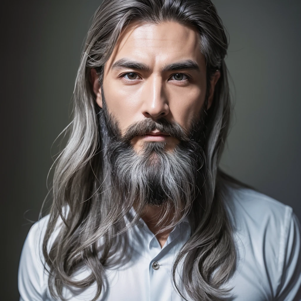 Highest quality, masterpiece, High resolution, One man、Clear eyes and nose、High nose、tall、Double、Big Eyes、Gray Hair、Long Hair、beard、dragon tattoo on arm、30th Generation、Muscular、company、suit、