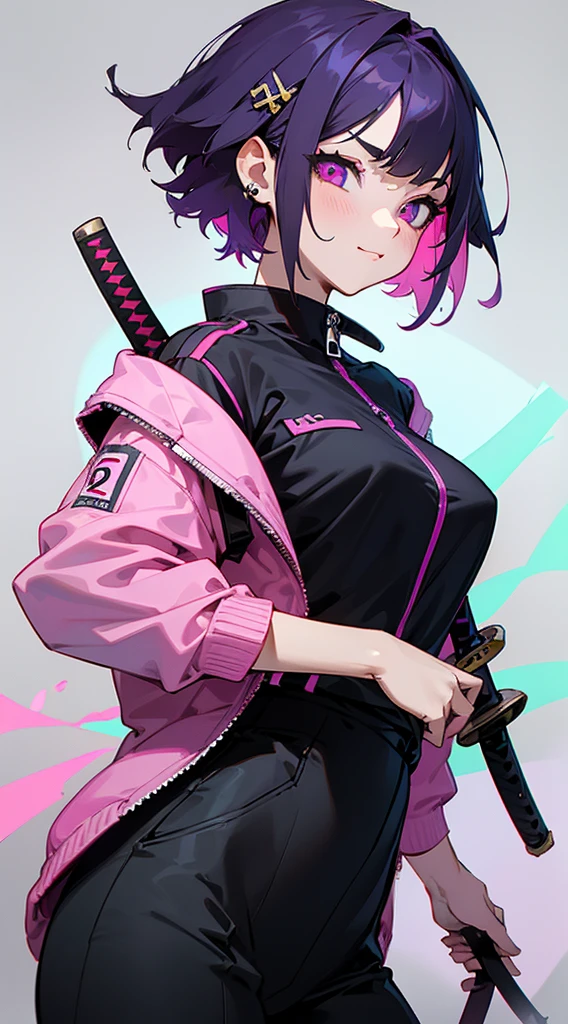 Top Quality, 8K, 4K, High Definition, Detail, (better-quality, 8K, 12), top-quality, 1 girl、only showing her face, she has purple hair, wearing a yellow pin on her right side of her hair, she has her hands together, she looking at you, she is smiling at you, medium breast, her jacket color dark gray with a pink zipper, pink eyes, showing her face and chesat, short hair long as her neck, (only showing half of her body) her jacket is loose. she is wearing earing only right ear shaped has a heart, (she holding katana) katana facing down, (katana is covering half of her face,) katana attach to her, katana on right side of her wrist, she mad, green ghost effect coming off, one white eye, glitch effect
