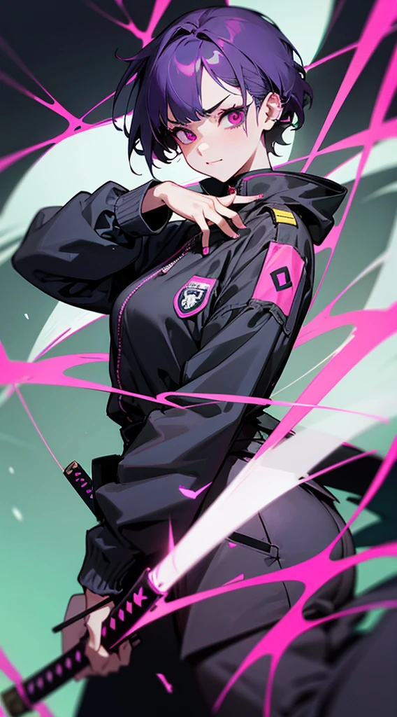 Top Quality, 8K, 4K, High Definition, Detail, (better-quality, 8K, 12), top-quality, 1 girl、only showing her face, she has purple hair, wearing a yellow pin on her right side of her hair, she has her hands together, she looking at you, she is smiling at you, medium breast, her jacket color dark gray with a pink zipper, pink eyes, showing her face and chesat, short hair long as her neck, (only showing half of her body) her jacket is loose. she is wearing earing only right ear shaped has a heart, (she holding katana) katana facing down, (katana is covering half of her face,) katana attach to her, katana on right side of her wrist, she mad, green ghost effect coming off, one white eye, glitch effect
